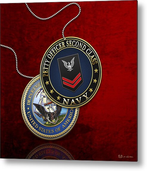 Military Insignia 3d By Serge Averbukh Metal Print featuring the digital art U.S. Navy Petty Officer Second Class - PO2 Rank Insignia over Red Velvet by Serge Averbukh