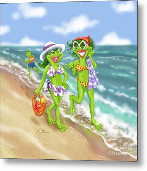 Frogs Metal Print featuring the mixed media Vacation Beach Frog Girls by Shari Warren