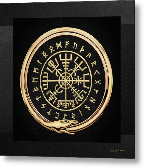 'viking Treasures' By Serge Averbukh Metal Print featuring the digital art Vegvisir - A Magic Icelandic Viking Runic Compass - Gold on Black by Serge Averbukh
