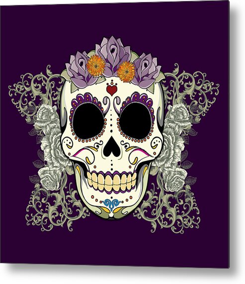 Purple Metal Print featuring the digital art Vintage Sugar Skull and Flowers by Tammy Wetzel