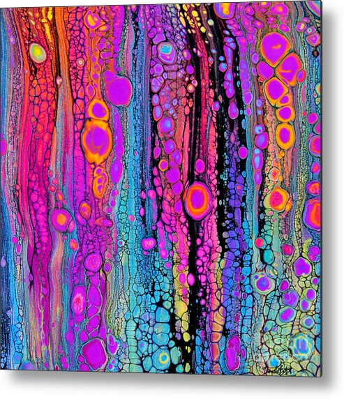 Vibrant Exuberant Dynamic Colorful Fun Playful Bright Cheerful Pink-orange Bubbly-pattern Dynamic Compelling Hot-pink Orange Blues Black Yellow Metal Print featuring the painting Visual Joy #2651 by Priscilla Batzell Expressionist Art Studio Gallery