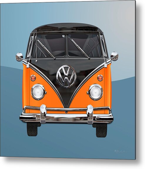 'volkswagen Type 2' Collection By Serge Averbukh Metal Print featuring the digital art Volkswagen Type 2 - Black and Orange Volkswagen T 1 Samba Bus over Blue by Serge Averbukh