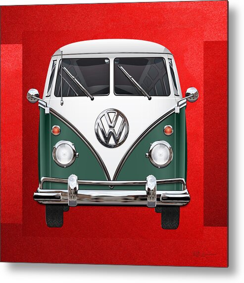 'volkswagen Type 2' Collection By Serge Averbukh Metal Print featuring the digital art Volkswagen Type 2 - Green and White Volkswagen T 1 Samba Bus over Red Canvas by Serge Averbukh