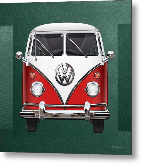 'volkswagen Type 2' Collection By Serge Averbukh Metal Print featuring the digital art Volkswagen Type 2 - Red and White Volkswagen T 1 Samba Bus over Green Canvas by Serge Averbukh