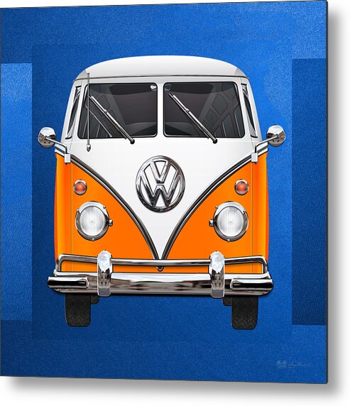 'volkswagen Type 2' Collection By Serge Averbukh Metal Print featuring the photograph Volkswagen Type - Orange and White Volkswagen T 1 Samba Bus over Blue Canvas by Serge Averbukh