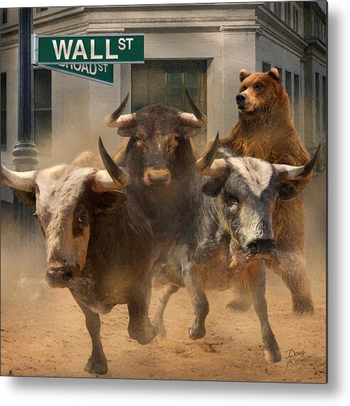 Wall Street --bull And Bear Markets By Doug Kreuger And George Riney Metal Print featuring the painting Wall Street -- Bull and Bear Markets by Doug Kreuger