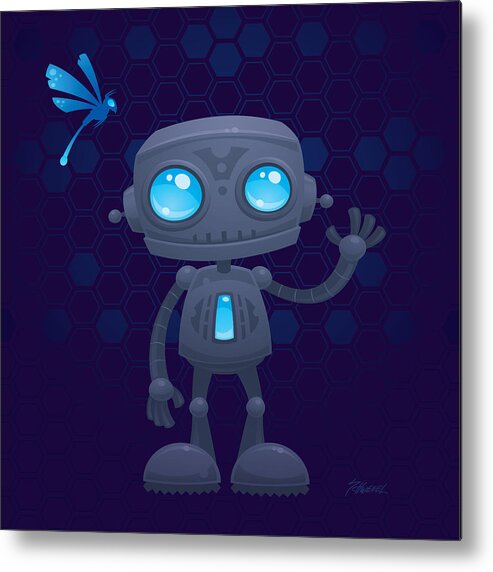 Robotandroiddroidfriendlycutewavewavingmachinefuturevectorcartoonillustrationhumorbluegrayhellosmilegreetingmascot Metal Print featuring the digital art Waving Robot by John Schwegel