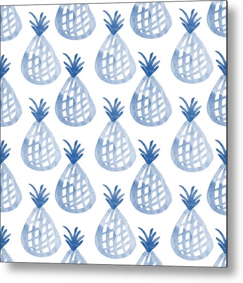 Pineapple Metal Print featuring the mixed media White and Blue Pineapple Party by Linda Woods