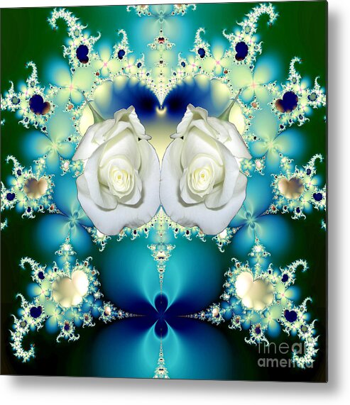 White Roses And Blue Satin Bouquet Fractal Metal Print featuring the mixed media White Roses and Blue Satin Bouquet Fractal Abstract by Rose Santuci-Sofranko