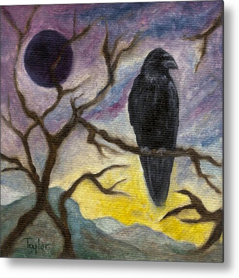 Moon Metal Print featuring the painting Winter Moon Raven by FT McKinstry