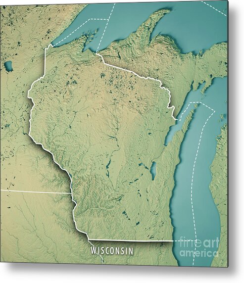Wisconsin Metal Print featuring the digital art Wisconsin State USA 3D Render Topographic Map Border by Frank Ramspott