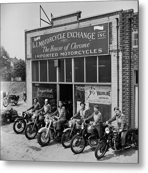 The Motor Maids Of America Outside The Shop They Used As Their Headquarters Metal Print featuring the photograph The Motor Maids of America outside the shop they used as their headquarters, 1950. by Lawrence Christopher