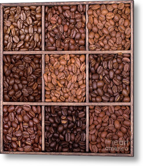 Coffee Metal Print featuring the photograph Wooden storage box filled with coffee beans by Jane Rix