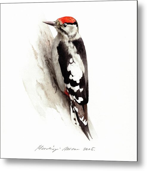 Woodpecker Metal Print featuring the painting Woodpecker by Attila Meszlenyi
