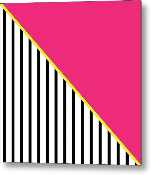 Pink Yellow White Black Stripes Lines Triangles Geometricshapes Abstract Contemporary Trending Styles On Trend Home Decor Bedroom Art Kitchen Art Living Room Art Gallery Wall Art Art For Interior Designers Hospitality Art Set Design Pillow Home And Garden House Beautiful Art By Linda Woods Metal Print featuring the digital art Yellow Pink And Black Geometric 2 by Linda Woods