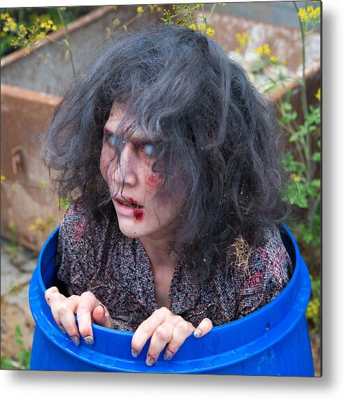 Zombie Metal Print featuring the photograph Zombie in barrel - scary and funny by Matthias Hauser