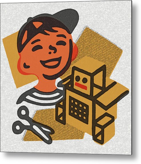 Accessories Metal Poster featuring the drawing Boy and Cardboard Robot #1 by CSA Images