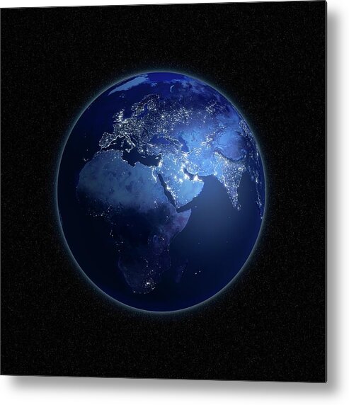 Globe Metal Print featuring the digital art Earth At Night, Artwork #1 by Science Photo Library - Andrzej Wojcicki