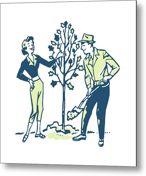 Adult Metal Print featuring the drawing Man and Woman Planting a Tree #1 by CSA Images