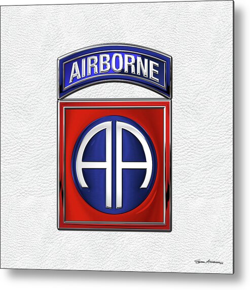 Military Insignia & Heraldry By Serge Averbukh Metal Print featuring the digital art 82nd Airborne Division - 82 A B N Insignia over White Leather by Serge Averbukh