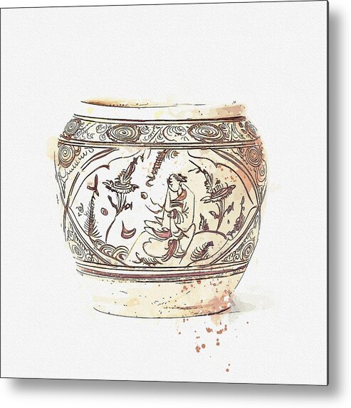 Pottery Metal Print featuring the painting A CIZHOU PAINTED FIGURAL JAR MING DYNASTY 1368-1644 watercolor by Ahmet Asar by Celestial Images