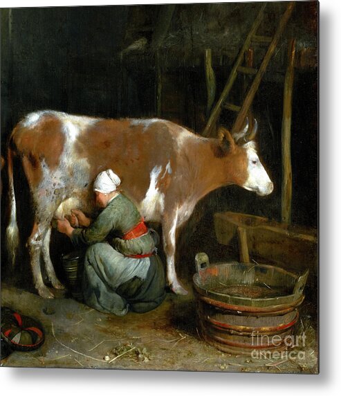 Gerard Ter Borch Metal Print featuring the painting A Maid Milking a Cow in a Barn by Audrey Jeanne Roberts