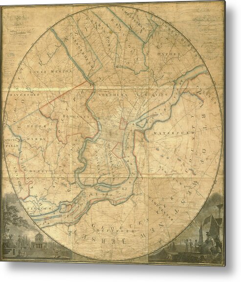 Map Metal Print featuring the mixed media A plan of the City of Philadelphia and Environs, 1808-1811 by John Hills