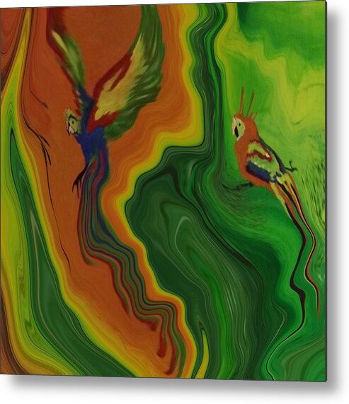 Abstract Metal Print featuring the painting Abstract Art - Colorful Fluid Painting Pattern with Parrots by Patricia Piotrak
