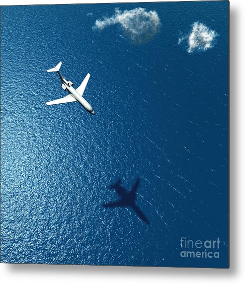 Atmosphere Metal Print featuring the photograph Airplane Flies Over A Sea by Photobank Gallery