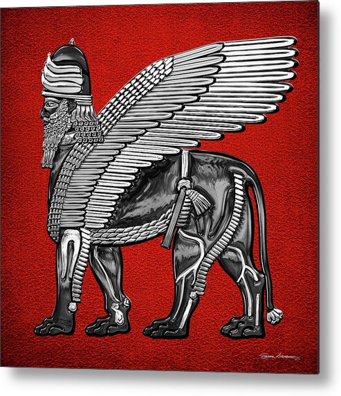 Treasures Of Mesopotamia Collection By Serge Averbukh Metal Print featuring the digital art Assyrian Winged Lion - Silver and Black Lamassu over Red Leather by Serge Averbukh
