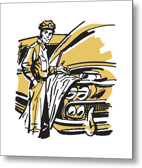Attendant Metal Print featuring the drawing Auto Mechanic Showing Work Under Hood by CSA Images
