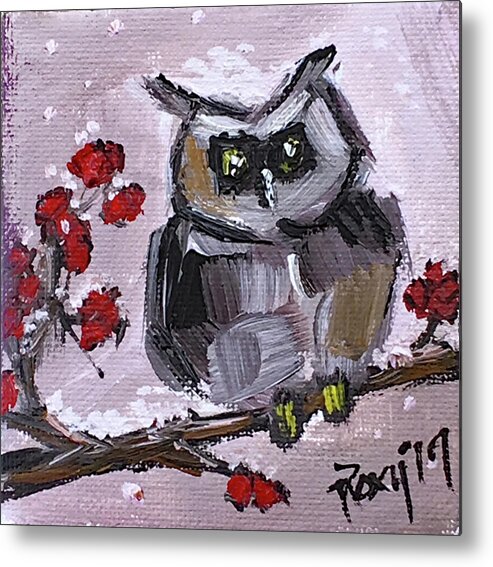 Owl Metal Print featuring the painting Baby Owl with Berries by Roxy Rich