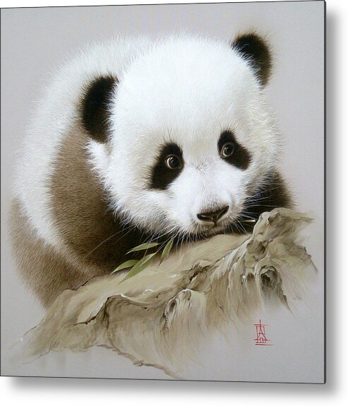 Russian Artists New Wave Metal Print featuring the painting Baby Panda with Bamboo Leaves by Alina Oseeva