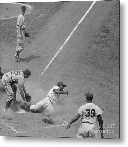 Second Inning Metal Print featuring the photograph Baseball Player Jackie Robinson Sliding by Bettmann
