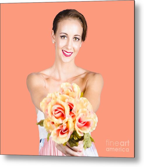 Florist Metal Print featuring the photograph Beautiful woman holding florist flowers by Jorgo Photography