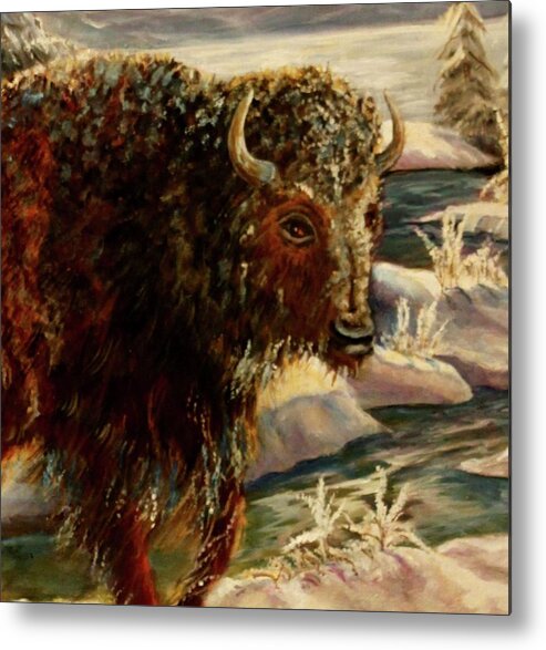 Bison In The Depths Of Winter In Yellowstone National Park Metal Print featuring the painting Bison In The Depths Of Winter in Yellowstone National Park by Philip And Robbie Bracco