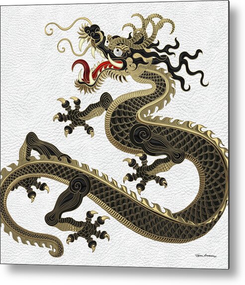 ‘the Great Dragon Spirits’ Collection By Serge Averbukh Metal Print featuring the digital art Black and Gold Sacred Eastern Dragon over White Leather by Serge Averbukh