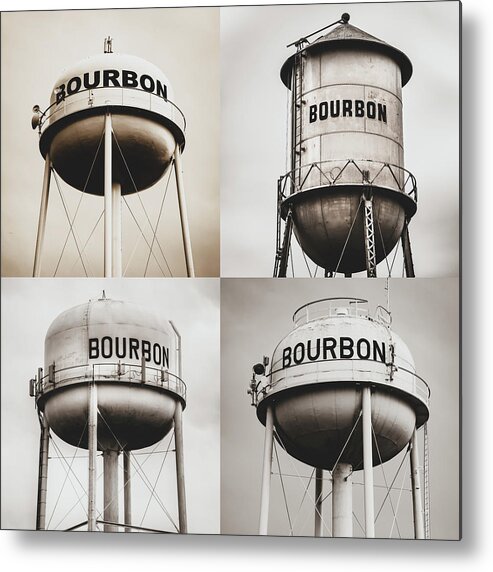 America Metal Print featuring the photograph Bourbon Whiskey Water Tower Collage - Matte Sepia 1x1 by Gregory Ballos