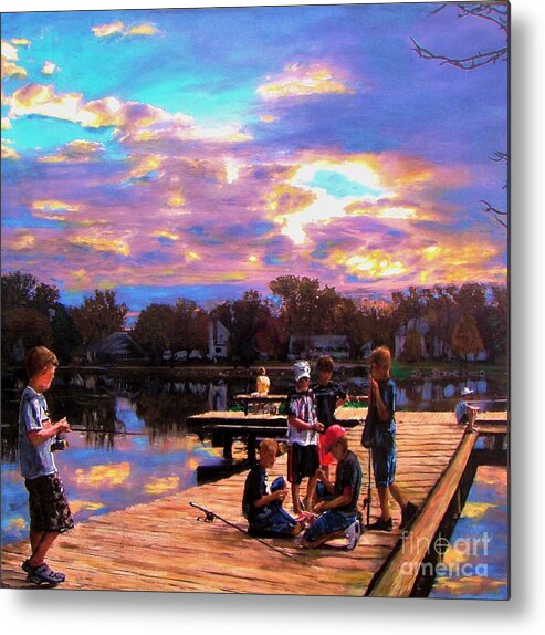 Fishing Metal Print featuring the painting Boys On The Dock by Randy Sprout