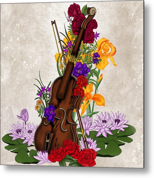 Violin Metal Print featuring the painting Broken violin surrounded by flowers by Patricia Piotrak