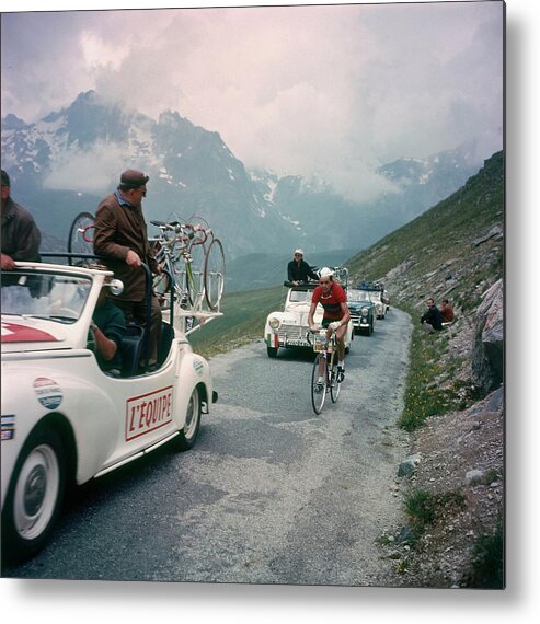 European Alps Metal Print featuring the photograph Cars Around A Cyclist During The Tour by Keystone-france