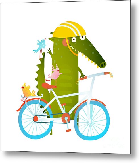 Bicycle Metal Print featuring the digital art Cartoon Green Funny Crocodile In Helmet by Popmarleo
