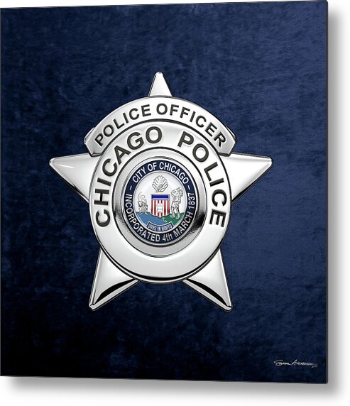  ‘law Enforcement Insignia & Heraldry’ Collection By Serge Averbukh Metal Print featuring the digital art Chicago Police Department Badge - C P D  Police Officer Star over Blue Velvet by Serge Averbukh