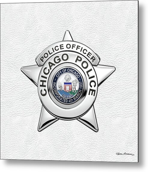  ‘law Enforcement Insignia & Heraldry’ Collection By Serge Averbukh Metal Print featuring the digital art Chicago Police Department Badge - C P D  Police Officer Star over White Leather by Serge Averbukh