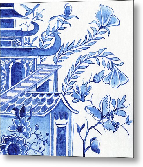 Chinoiserie Metal Print featuring the painting Chinoiserie Blue and White Pagoda Floral 1 by Audrey Jeanne Roberts