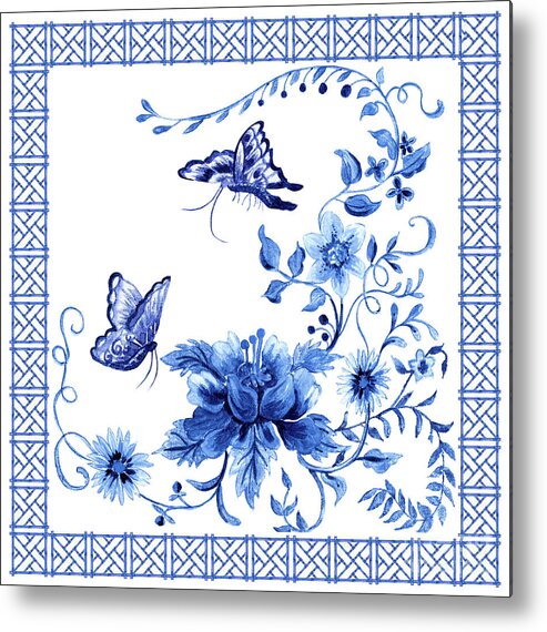 Vintage Metal Print featuring the painting Chinoiserie Blue and White Pagoda with Stylized Flowers Butterflies and Chinese Chippendale Border by Audrey Jeanne Roberts
