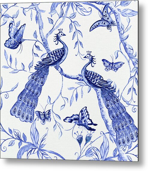 Chinoiserie Metal Print featuring the painting Chinoiserie Blue and White Peacocks and Butterflies by Audrey Jeanne Roberts