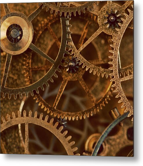 Copper Cogs Close Up 02 Metal Print featuring the photograph Copper Cogs Close Up 02 by Tom Quartermaine