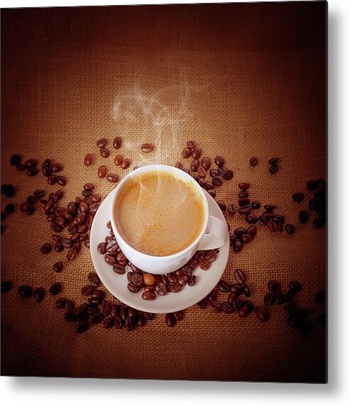 Breakfast Metal Print featuring the photograph Cup Of Fresh Cappuccino On Burlap by Sankai