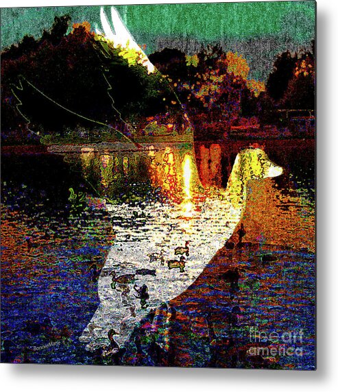Duckpond Metal Print featuring the painting Duckpond at Dusk.flight over lake by Bonnie Marie